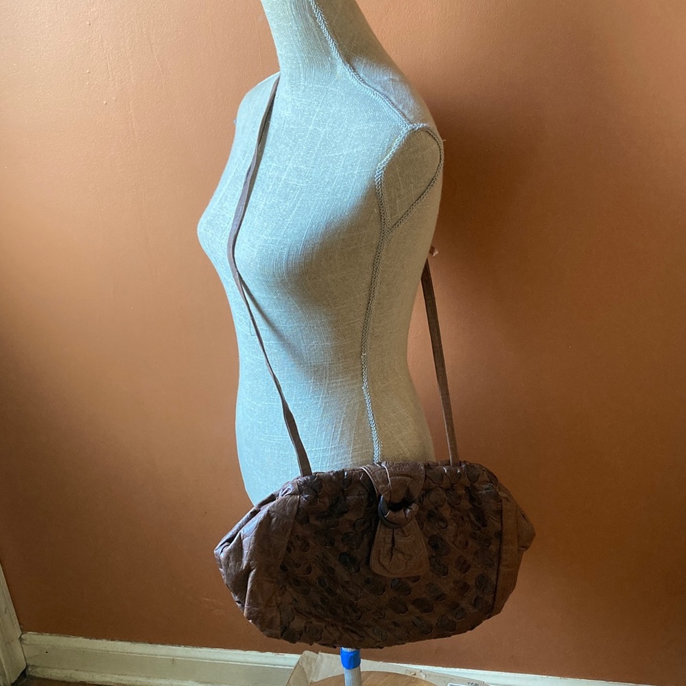 Brown Textured Genuine Leather Handbag